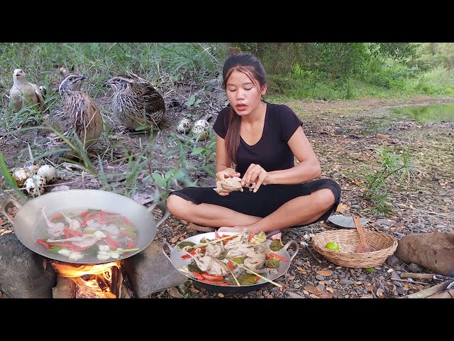 Catch and cook quail for survival food - Quail spicy cooking for dinner