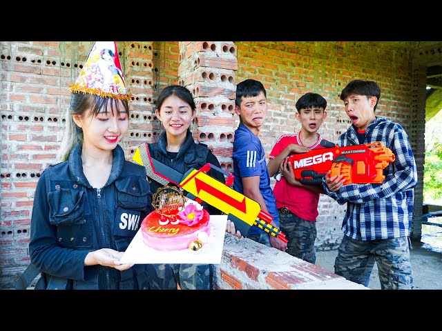 Xgirl Nerf Films: Candy giving Cake Birthday to Cherry & Detective X Girl Nerf Guns Alibaba Team
