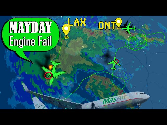 MasAir B767 has ENGINE FIRE/FAILURE AFTER TAKEOFF + Bad Weather