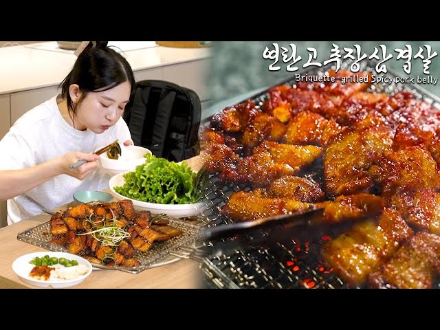 Real Mukbang:) Briquette-grilled Spicy pork belly & soybean paste soup ☆ Real Korean BBQ