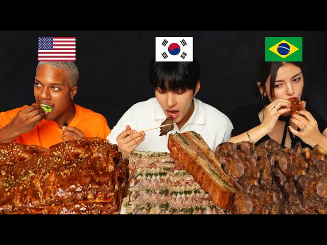 [America VS Korea VS Brazil] People Try Each Other's BBQ l Texas RIB, Churrasco l ASMR MUKBANG