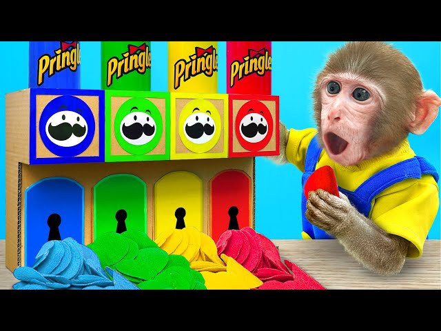 KiKi Monkey play Magical Colorful Pringles Machine and eat four color ice cream | KUDO ANIMAL KIKI