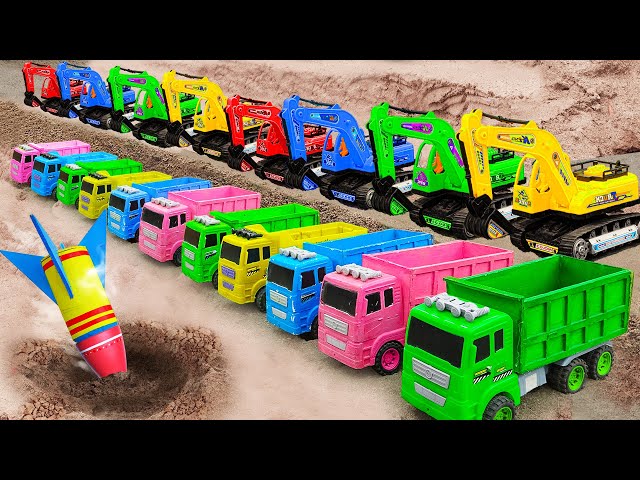 Excavator shoveling sand, crane truck in accident, fire truck for rescue | Baby fish toy car