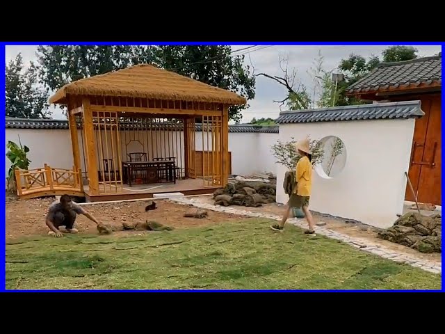 Skilled workers build a beautiful garden, wooden house, and aquarium