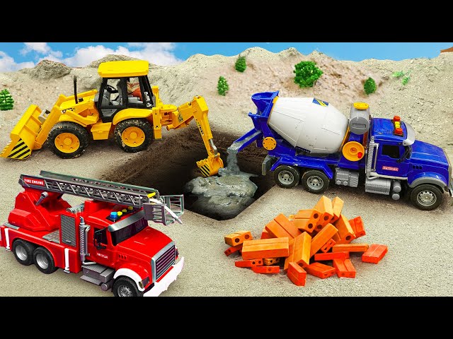 Xe tải, máy xúc, xe cứu hỏa, xe trộn bê tông, xe công trình giúp đỡ xây nhà   Bé Cá ô tô đồ chơi