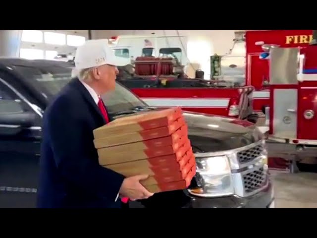 Donald Trump delivers pizza to firefighters in Iowa