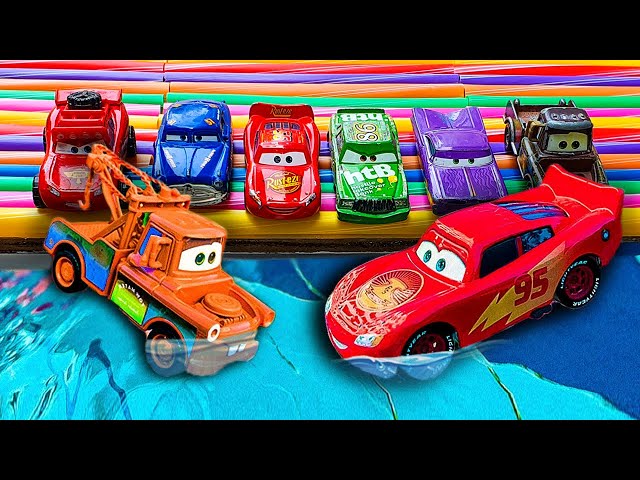 Disney Pixar Cars Falling into deep pool: Lightning McQueen, Dinoco King, Francasco, Jackson Storm