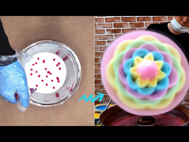 Cotton candy made from colored sugar. amazing process