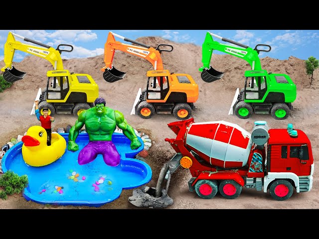 JCB Tractor, Crane, Excavator, Dump truck, Mixer truck making diy pool - car toy for kids