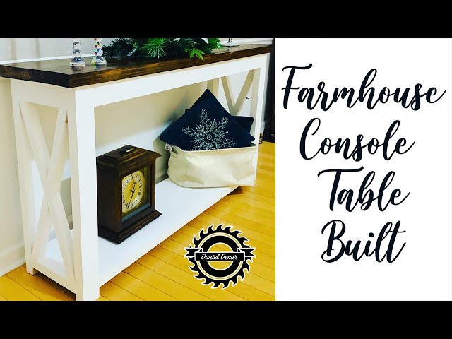 Farmhouse Console Table DIY. Step by step instruction. Farmhouse Living Room Ideas.