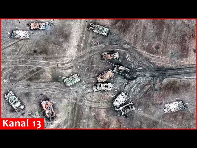Drone footage of dozens of Russian vehicles destroyed in the direction of Terni village in Donetsk