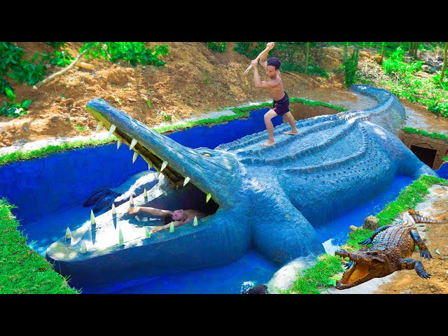Top 10 Works Build Swimming Pool Water Slide Crocodile Around Secret Underground House - full