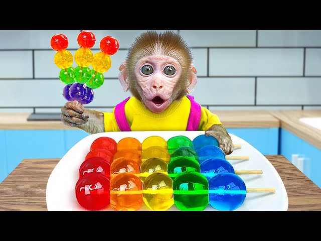 KiKi Monkey eat Amazing Colorful Jelly so yummy and swimming with Ducklings | KUDO ANIMAL KIKI
