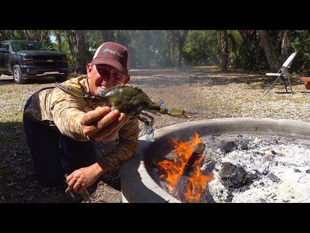 Blue Crab {Catch Clean Cook} over an open camp fire! Plus putting a giant bass in the pond!