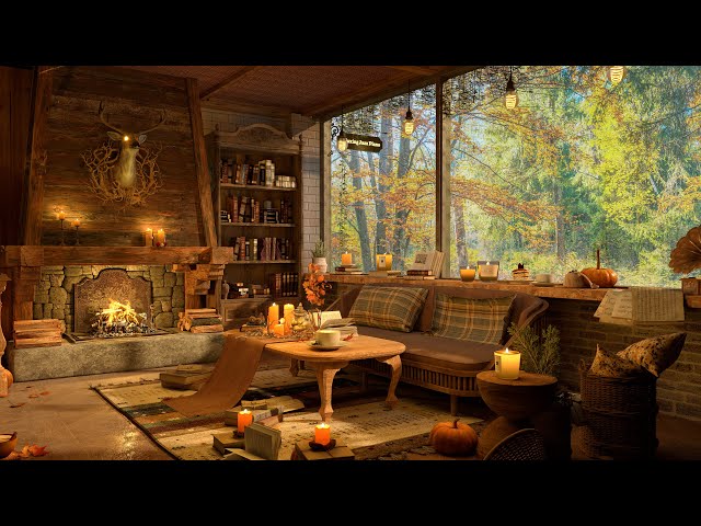 4K Rainy Day at Coffee Shop Bookstore Ambience 🍁 Background Instrumental to Relax, Study, Work
