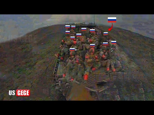 Brutal Moment! Ukrainian FPV drone blows up Russian armored vehicle with infantry on top