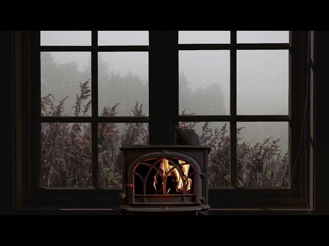 Rain on window - crackling fire and misty atmosphere for sleep, study, relax