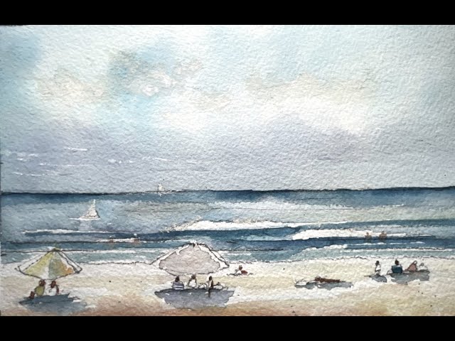 EXTREME BEGINNERS   BEACH AND OCEAN WATERCOLOR with Figures and Umbrellas