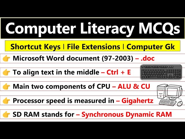 Computer mcq questions | Computer literacy test | shortcut keys | file extensions