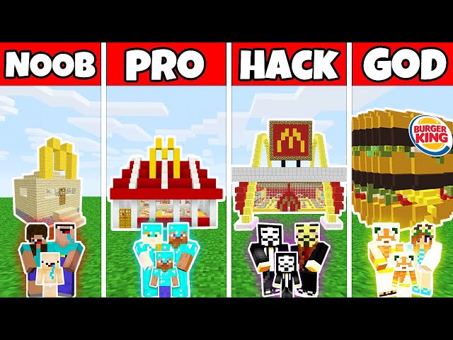 Minecraft: FAMILY FAST FOOD RESTAURANT BUILD CHALLENGE - NOOB vs PRO vs HACKER vs GOD - Minecraft