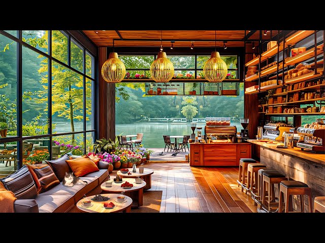 Happy Morning Spring ~ Lakeside Coffee Shop Ambience ☕ Smooth Piano Jazz Music for Relax, Study