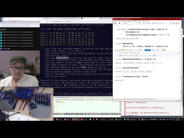 Xah Talk Show 2023-12-26 Advent of Code Day 4, Live Coding, in WolframLang