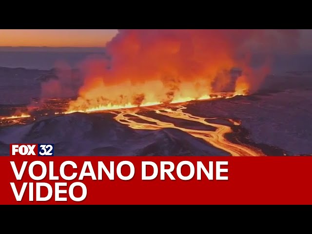 Dramatic drone video shows Icelandic volcano eruption
