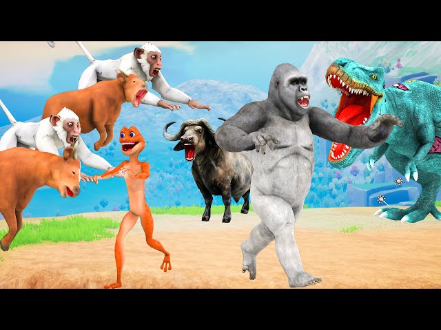 Giant Gorilla vs Zombie Dinosaur Fight 10 Mini Cow Cartoon Monkey Saved By Giant Gorilla Wild Animal