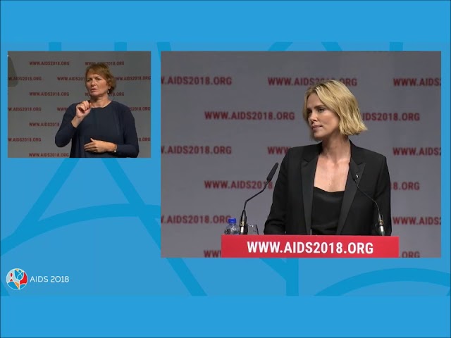 Charlize Theron speaking at AIDS 2018