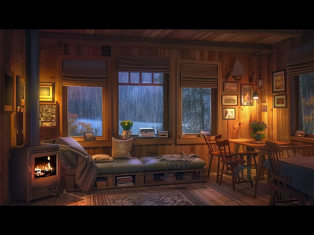 Cozy Cabin Ambience ASMR | Raindrops Falling on Window and Crackling Fireplace for Relief Stress