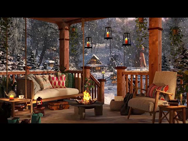 Winter Cozy Porch in Mountains with Bonfire, Snow Falling & Blizzard Sounds