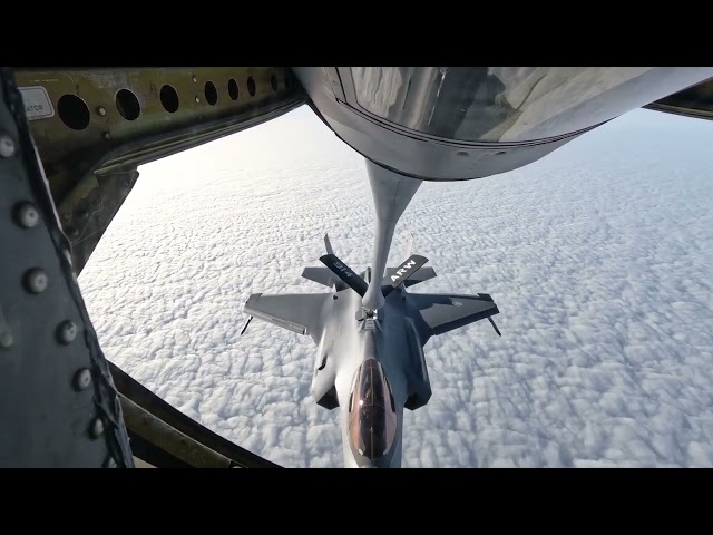 Norwegian F-35 Lightning II, receives fuel from a 914th Air Refueling Wing KC-135 Stratotanker.