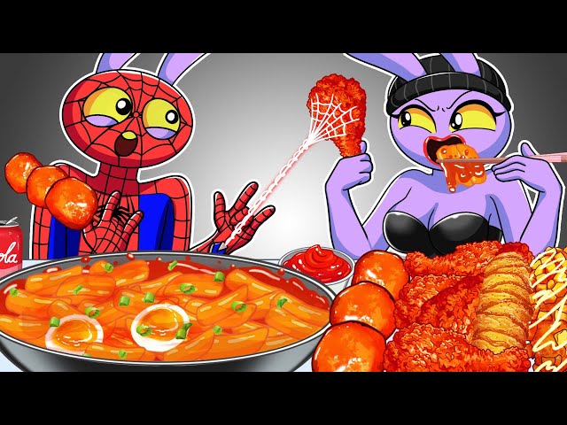 ASMR MUKBANG | JAX IS A THIEF vs SpiderMan JAX Eating FRIED CHICKEN AND Tteokbokki | Animation