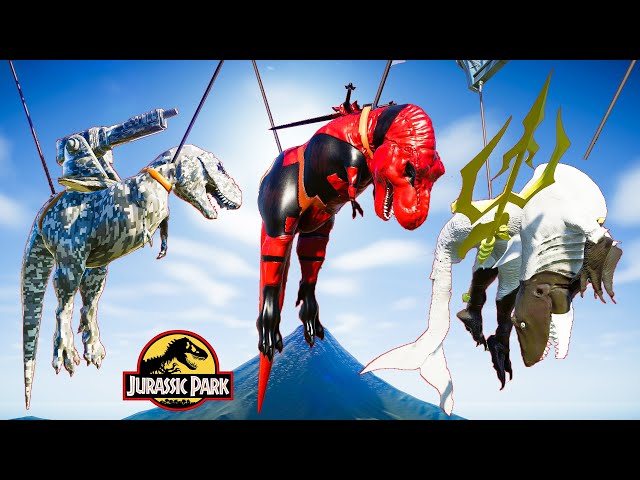 AQUAMAN-SHARK vs MILITARY TREX vs DEADPOOL and All Dinosaurs Fighting in Jurassic World