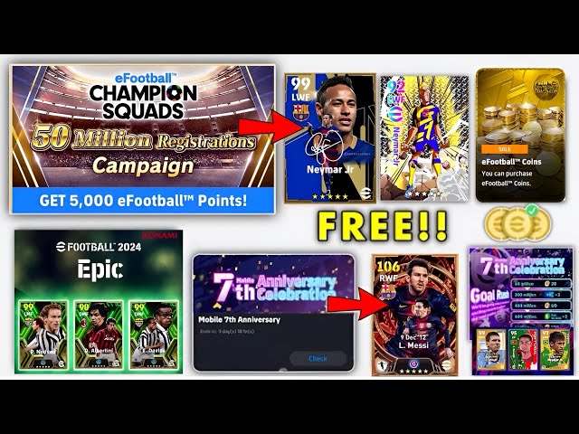 🔥BIG CHAMPION SQUADS 50 Million Celebration Campaign ! Epic, Moedas FREE no efootball 2024 mobile