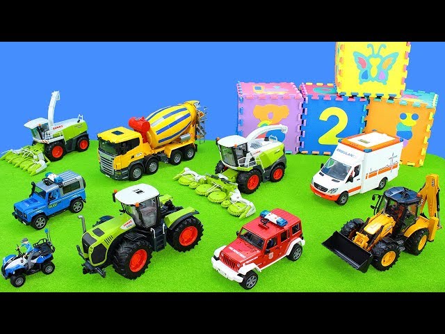 Polizei & Feuerwehrauto, Betonmischer, Bagger, Krankenwagen, Traktor | Spielzeug Unboxing für Kinder