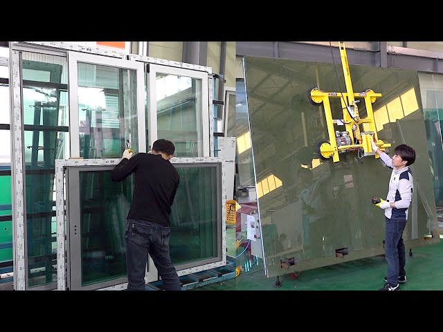 Process of making double glazed window. Sliding door factory in Korea
