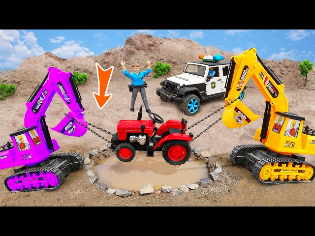 excavator truck rescue construction vehicle and sand leveling with Crane dump truck - Toy car story