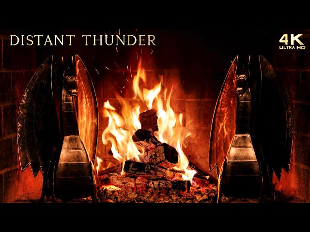 ⚡️🔥 Distant Thunderstorm & Crackling Fireplace w/ Dragon Andirons ~ 8 Hours of Sleep Sounds