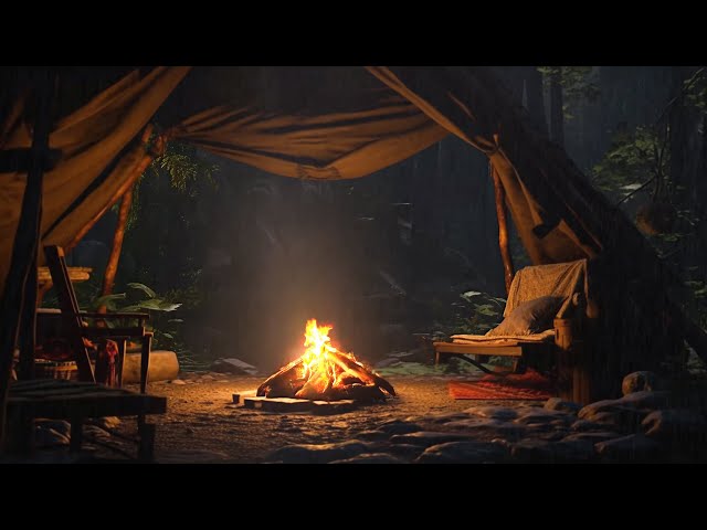 4K Dream Space 🌙 Night Rain & Thunders Sounds, Calming Nature Sounds, Campfire & Crickets