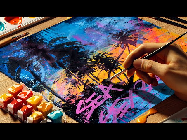 RETRO ABSTRACT ART PAINTING Demo With Acrylic Paint and a Stencil