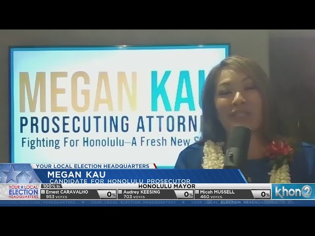 Honolulu Prosecuting Attorney candidate Megan Kau reacts to first printout results