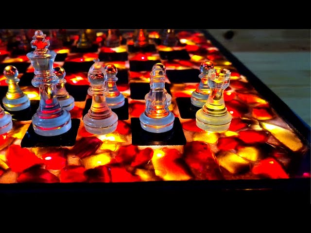 Burning Chess of Epoxy and Wood with Floating Effect.  Fire Lava!