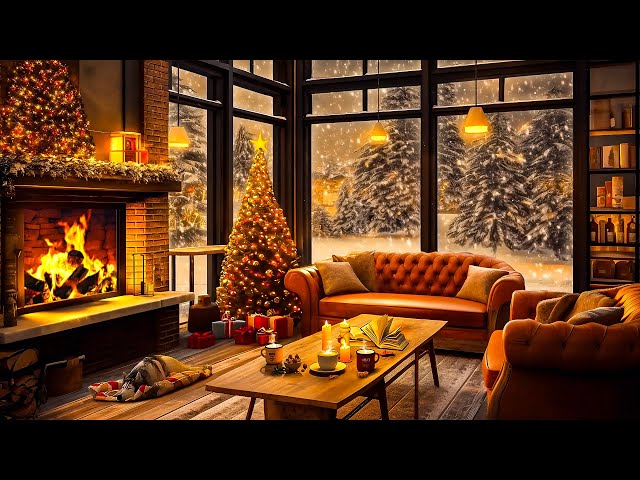 Warm Christmas Night with Smooth Jazz Music & Crackling Fireplace in Cozy Coffee Shop Ambience