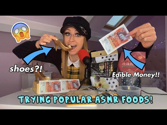trying popular ASMR foods!! (edible money + shoes!!) *serious tingles*