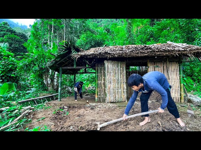 Orphan Boy - Building a Solid Kitchen Foundation with Earth, Making a Rain Drainage Trough #boy