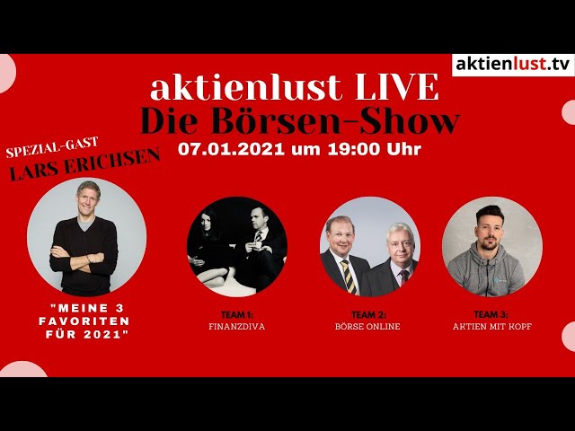 aktienlust LIVE - Die Börsen-Show #4 mit Lars Erichsen, Finanzdiva, BÖRSE ONLINE, Kolja Barghoorn