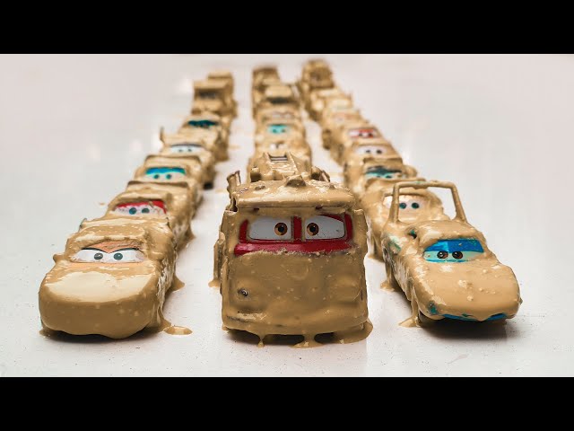 Disney Pixar Cars fall into the water: Lightning McQueen, Miss Fritter, Mater