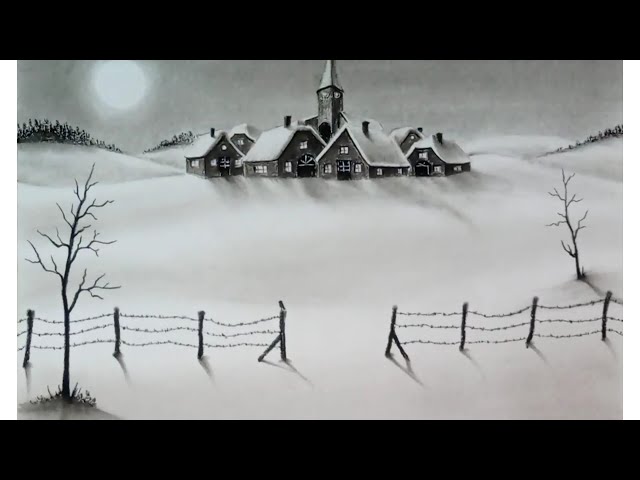 Part - 2 , Real time drawing video.. winter season moonlight village landscape drawing.