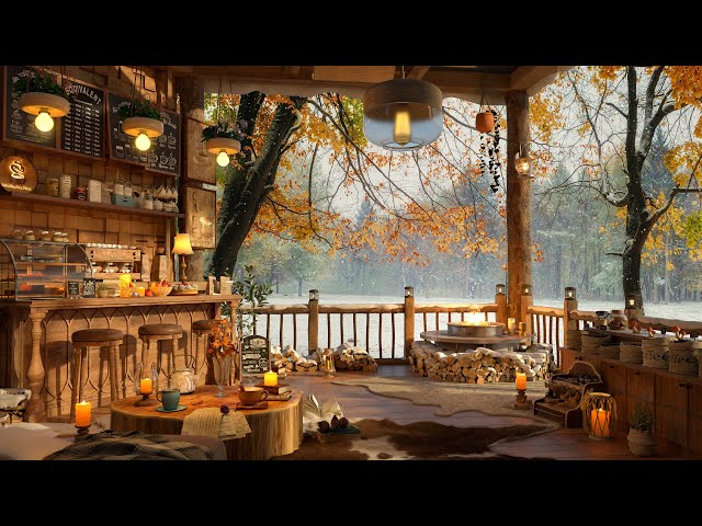 4K Snow Falling on Rooftop Coffee Shop Ambience ❄ Background Instrumental to Relax, Study, Work